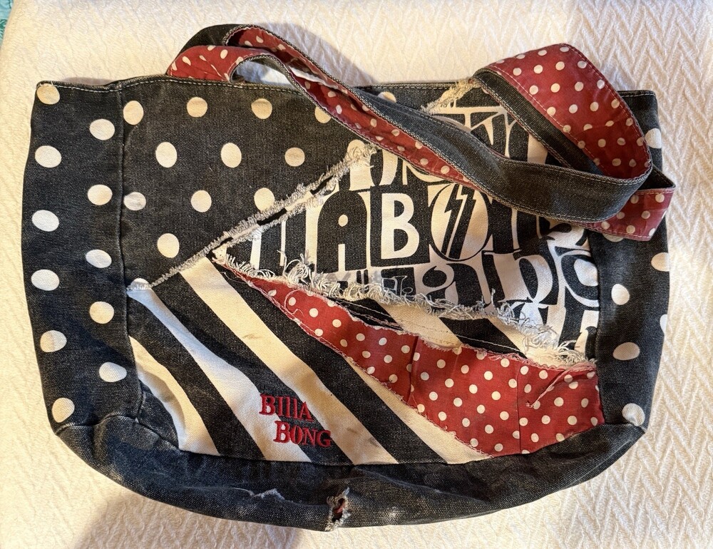 Vintage Billabong Y2K Patchwork Tote Bag Polka Dot Red Black White Boho